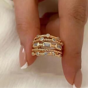 ✨ Gold Multi-Band Statement Ring w/ Baguette & Round Stones — Adjustable ✨